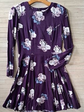 Xhilaration Plum Floral Fit & Flare Knee Length Lightweight Sleeves Dress Y2k